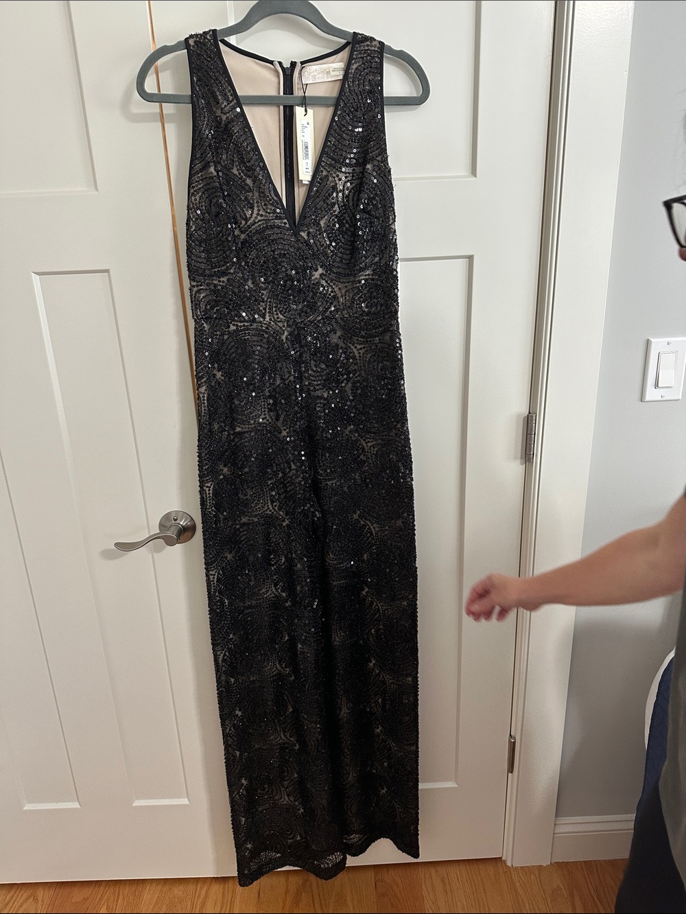 Alice + Olivia Black Beaded Deep V-Neck Jumpsuit